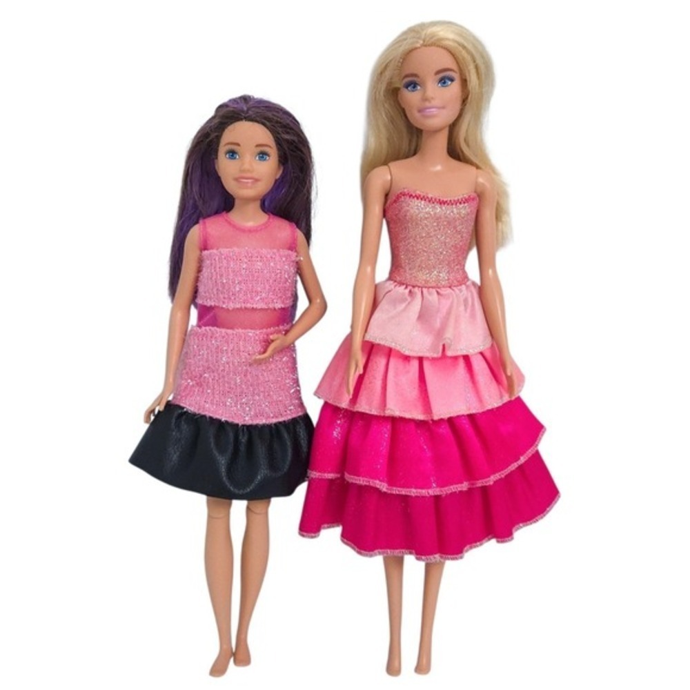 Barbie & Purple Hair Skipper Doll in Pink Glitter Ruffle Party Dress (Set of 2)